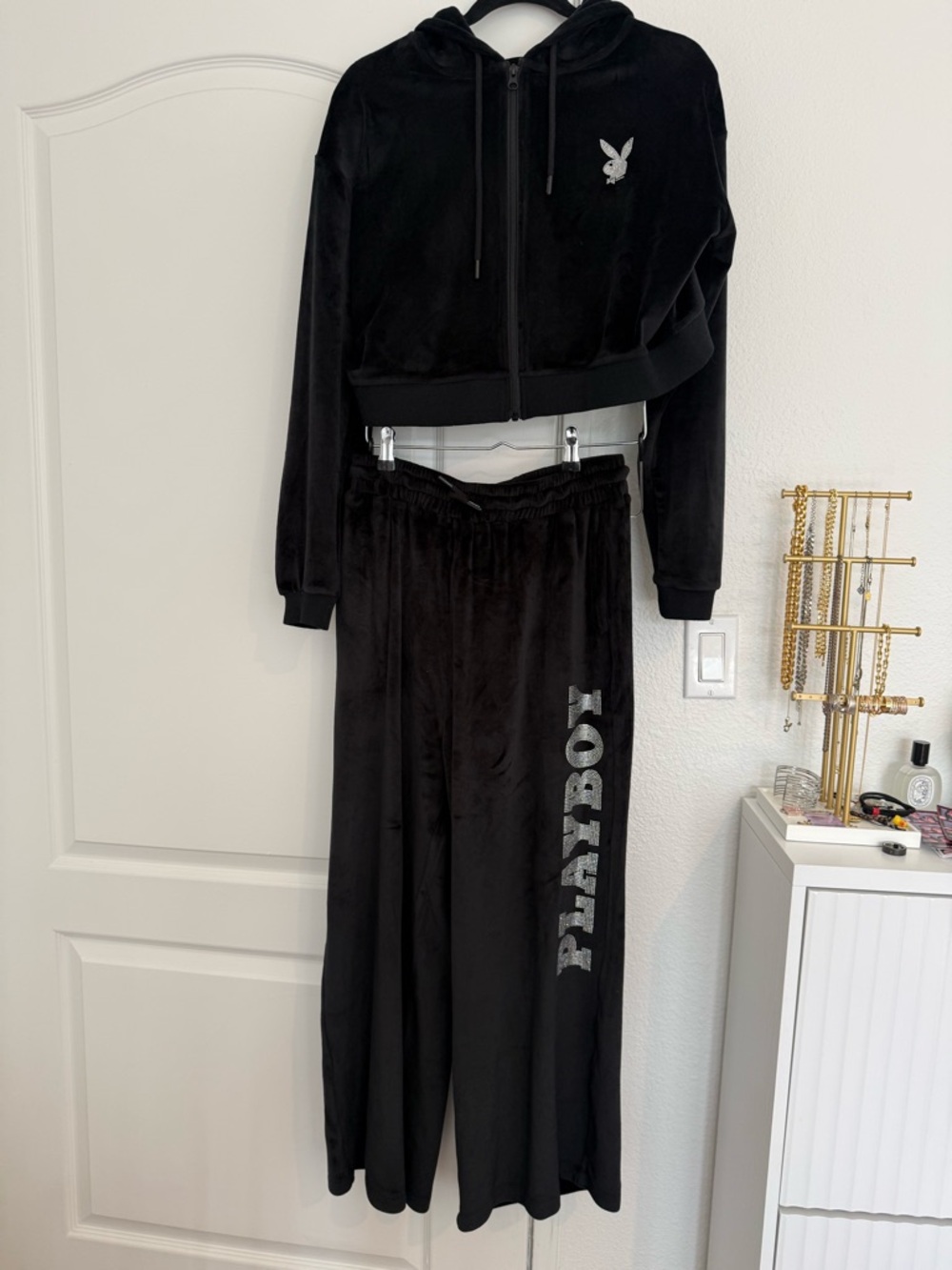 PLAYBOY Black Velour Hoodie and Pants Set with Silver Logo